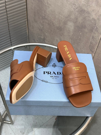 PRADA 26S BLOCK HEEL SLIDE SANDALS 60MM IN CARAMEL BROWN CALFSKIN WITH LOGO