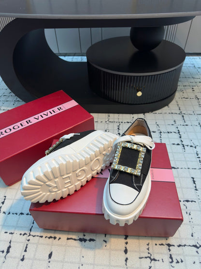 VIV' GO-THICK STRASS BUCKLE SLIP-ON SNEAKERS IN BLACK CANVAS