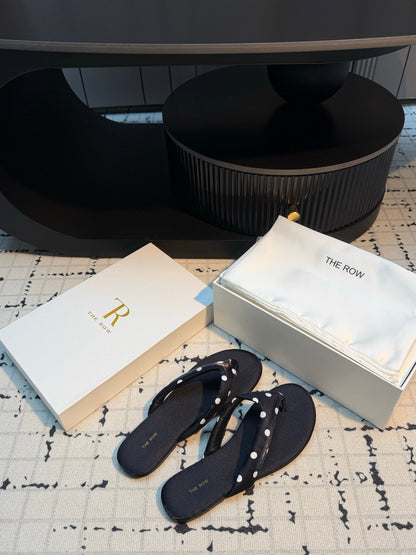 THE ROW 26S THONG SANDALS IN BLACK POLKA DOT SATIN