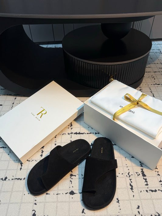 THE ROW 26S THONG SLIDE SANDALS IN BLACK SUEDE