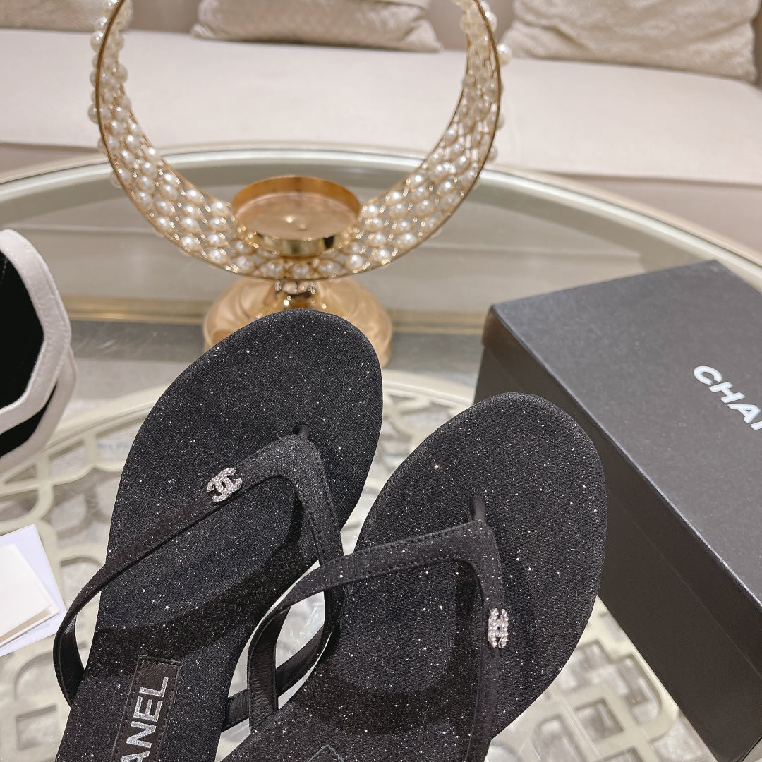 Double CC Rhinestone Flip  Flop Thongs Black Sheepskin
