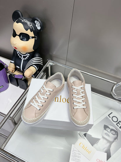 CHLOÉ TELMA LACE-UP SNEAKER IN DESERT SAND LAMBSKIN AND RAFFIA