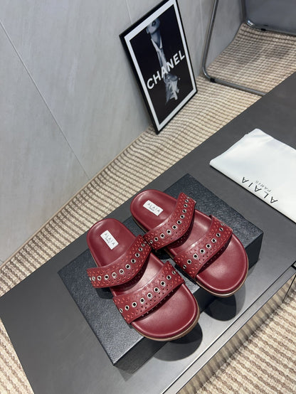 ALAIA DOUBLE-STRAP SANDALS 25S IN DARK RED CALFSKIN