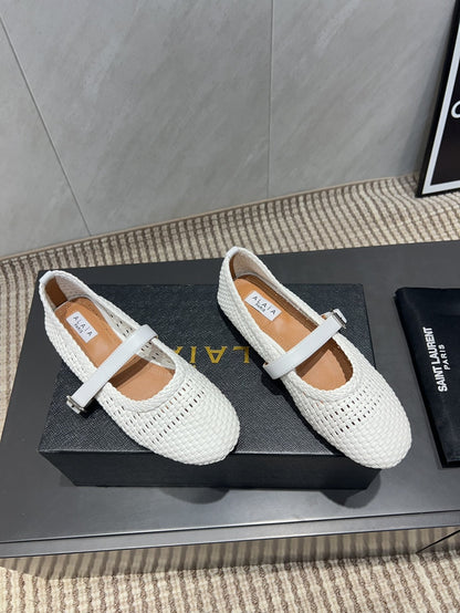 ALAIA MARY JANE FLATS WOVEN PATTERN 25S IN WHITE CALFSKIN