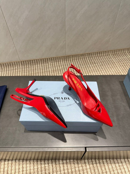 PRADA 26S POINTED TOE SLINGBACK HIGH HEELS 75MM IN BRIGHT RED CALFSKIN