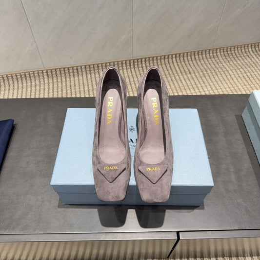 PRADA 26S SQUARE TOE HIGH HEELS 85MM IN TAUPE BROWN SUEDE WITH LOGO