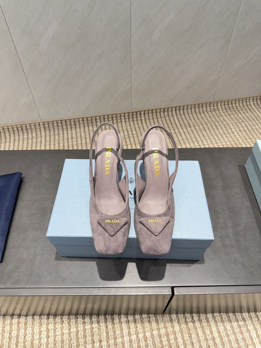 PRADA 26S LOW HEEL SQUARE TOE SLINGBACK SHOES 85MM IN TAUPE BROWN SUEDE WITH LOGO