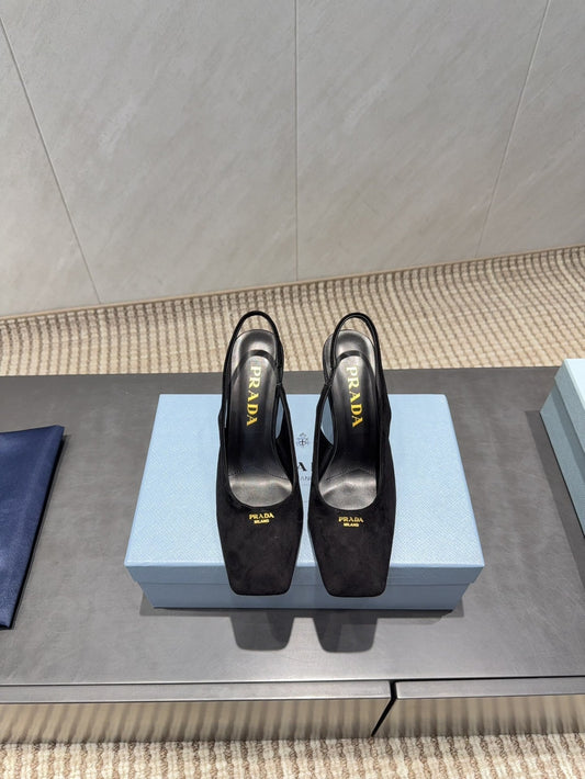 PRADA 26S LOW HEEL SQUARE TOE SLINGBACK SHOES 85MM IN BLACK SUEDE