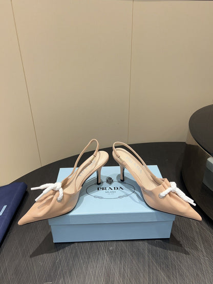 PRADA 25S POINTED TOE SLINGBACK 85MM IN BEIGE LAMBSKIN WITH TIE UP DESIGN