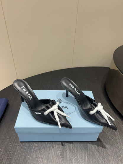PRADA 25S BRAIDED DETAIL MULES 85MM IN BLACK CALFSKIN