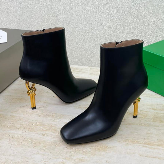 KNOT ANKLE BOOT IN BLACK CALFSKIN WITH GOLD METAL HEEL 9 CM