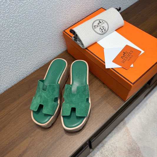 HM 26S H CUT PLATFORM SLIDES IN EMERALD GREEN SUEDE CORK SOLE