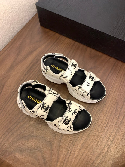 CC Toe Sandals White Mix Camellia Pattern Leather 299536