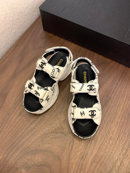 CC Toe Sandals White Mix Camellia Pattern Leather 299536