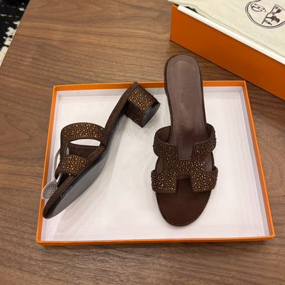 HM 26S OASIS SANDAL IN DARK BROWN SUEDE WITH CRYSTALS