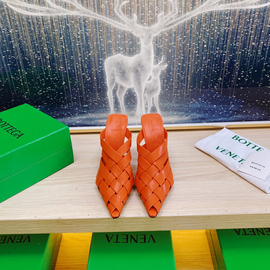 ALFIE LEATHER HIGH MULES IN VIVID ORANGE CALFSKIN WITH WOVEN DESIGN