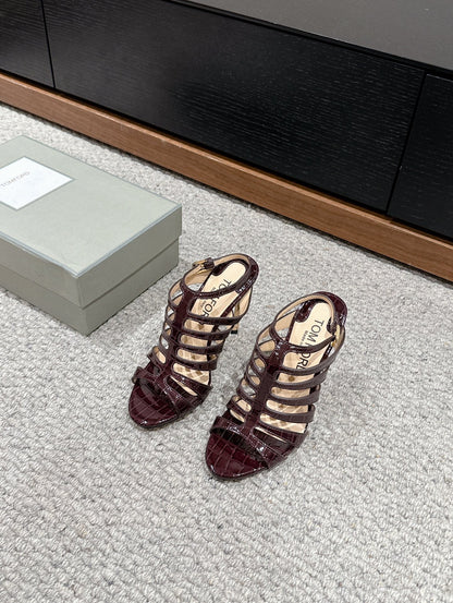 HIGH SANDAL 10 CM IN MAHOGANY RED CALFSKIN