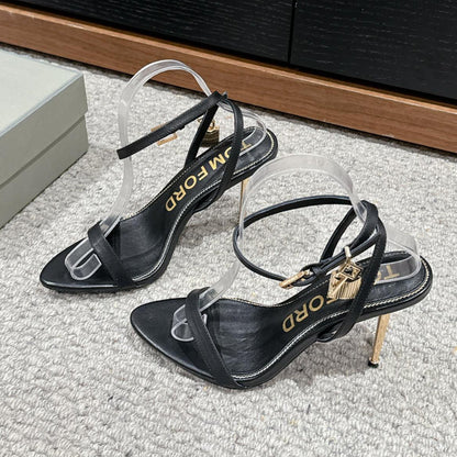 PADLOCK POINTY NAKED SANDAL 85 MM IN BLACK CALFSKIN