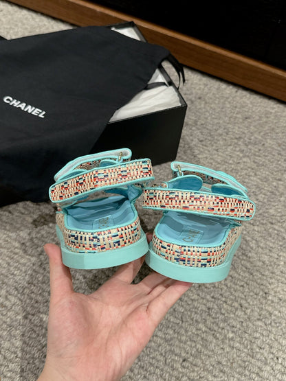 dad sandal mule cream raffia tiffany blue calfskin