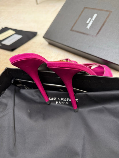YSL 26S HEELED SANDALS 105 MM IN DARK PINK SATIN