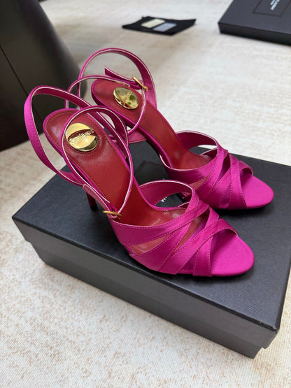 YSL 26S STRAPPY HEELED SANDALS 105 MM IN DARK PINK SATIN