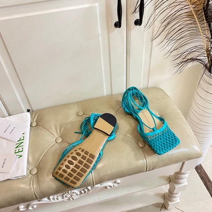 STRETCH LACE-UP FLAT SANDAL IN CERULEAN BLUE METALLIZED MESH AND LEATHER