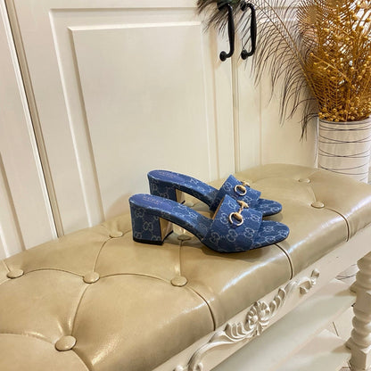 GUCCI 26S HIGH-HEELED SANDALS 65 MM IN BLUE DENIM