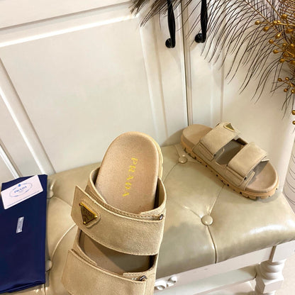 PRADA 26S DOUBLE STRAP SANDALS CHUNKY SOLE IN BEIGE SUEDE WITH LOGO