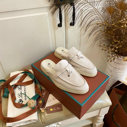 LP 26S LOCK CHARM MULES IN CREAM WHITE SUEDE GOLD HARDWARE