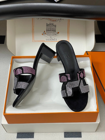 HM 25S ORAN HIGH‑HEEL SANDAL 50 MM IN BLACK LAMBSKIN WITH WHITE MIX PINK STONE DETAILS