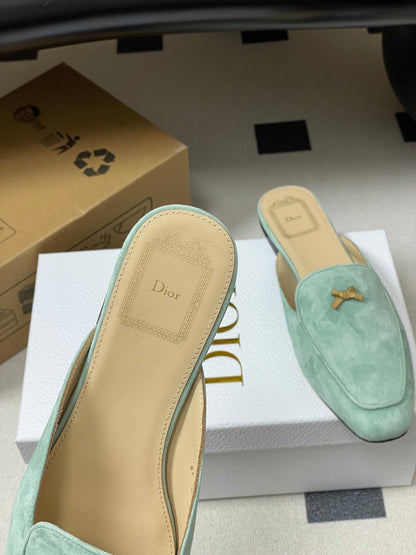 DIOR 26S MULES IN LIGHT MINT GREEN SUEDE WITH BOW