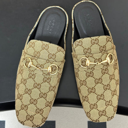 GUCCI 26S HORSEBIT LOAFER MULES IN BEIGE CANVAS