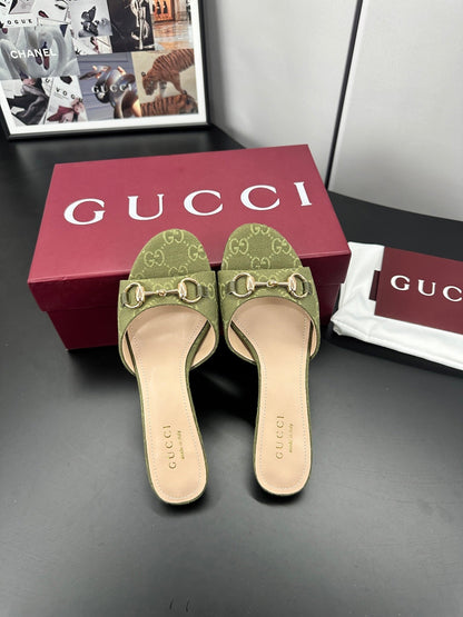 GUCCI 26S HIGH-HEELED SANDALS 50 MM IN MOSS GREEN CANVAS