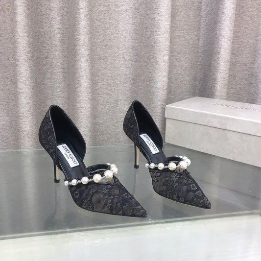 JIMMY CHOO 26S HIGH HEELS 85 MM IN BLACK LACE PEARL-EMBELLISHED