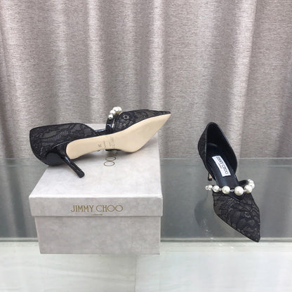 JIMMY CHOO 26S HIGH HEELS 65 MM IN BLACK LACE PEARL-EMBELLISHED