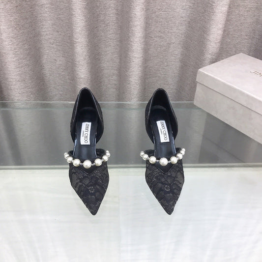 JIMMY CHOO 26S HIGH HEELS 65 MM IN BLACK LACE PEARL-EMBELLISHED