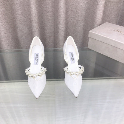 JIMMY CHOO 26S HIGH HEELS 85 MM IN WHITE LACE PEARL-EMBELLISHED