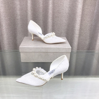 JIMMY CHOO 26S HIGH HEELS 65 MM IN WHITE LACE PEARL-EMBELLISHED