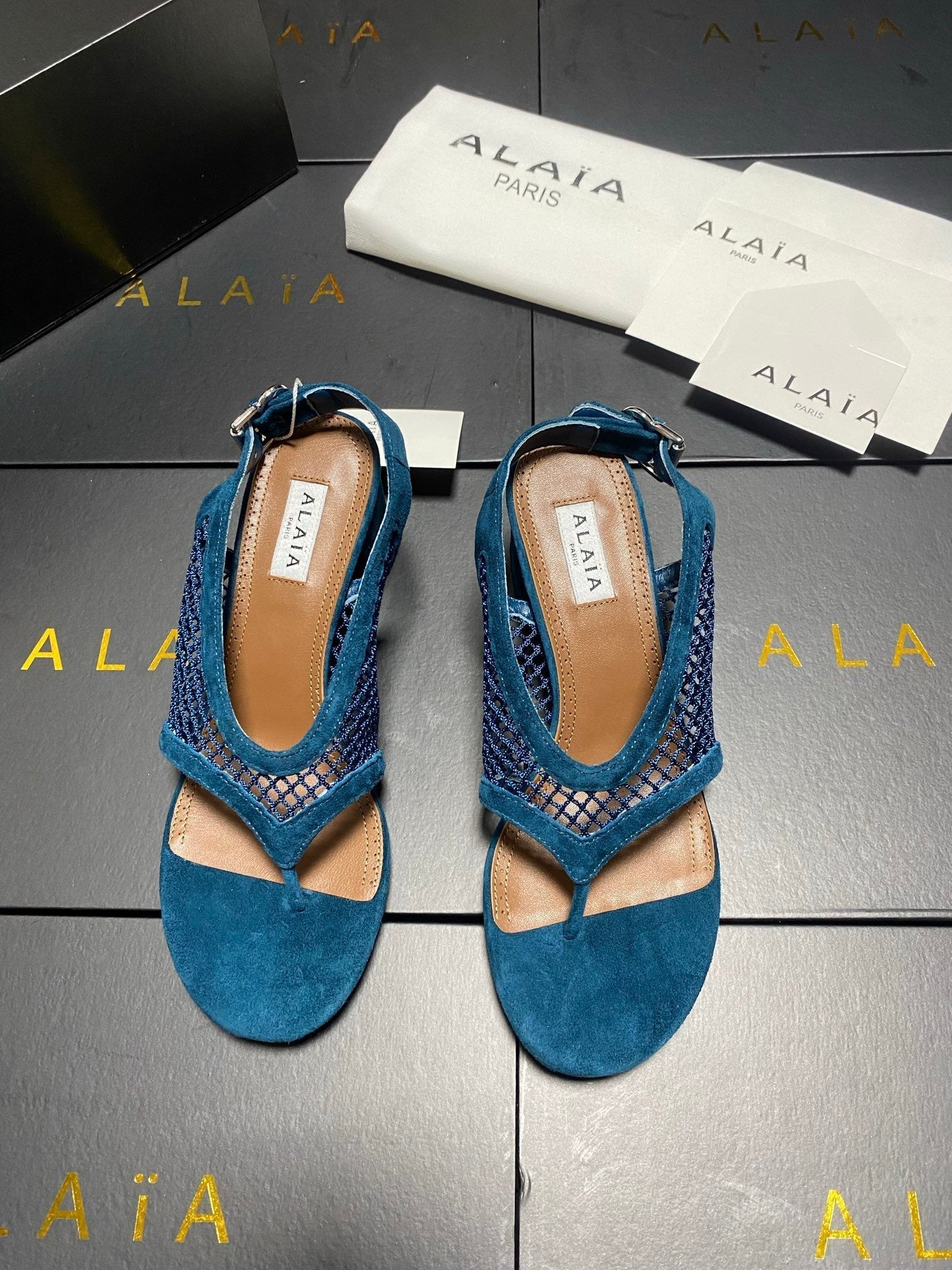 ALAIA 26S MESH THONG HEELS 55 MM IN PETROL BLUE SUEDE