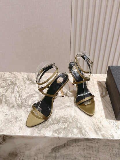 YSL 25S STRAPPY HIGH-HEEL SANDALS 100 MM IN OLIVE GREEN LAMBSKIN