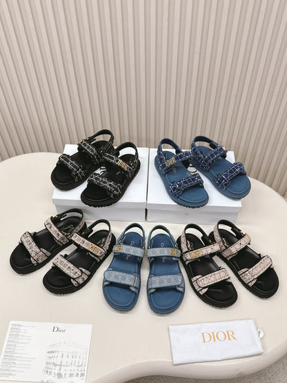 DIOR BACK-STRAP SANDALS 25S IN NAVY BLUE TWEED AND CALFSKIN
