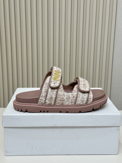 DIOR CLASSIC DOUBLE-STRAP SLIDES 25S IN ROSE BROWN TWEED AND CALFSKIN
