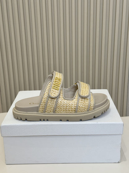 DIOR CLASSIC DOUBLE-STRAP SLIDES 25S IN BEIGE RAFFIA AND GREY CALFSKIN