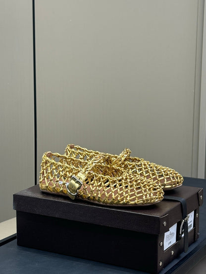 ALAIA MARY JANE FLATS 25S IN GOLD MESH CALSKIN WITH SILVER HARDWARE