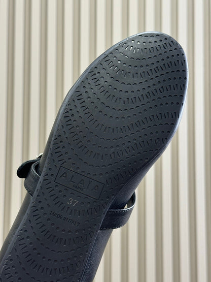 ALAIA 25S MARY JANE SHEARLING FLATS IN BLACK CALFSKIN