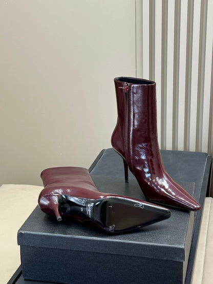 YSL 26S ZIPPERED HEELED BOOTS IN DARK RED SHINY CALFSKIN