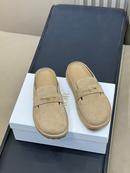 DIOR 26S BOY MULE IN DARK BEIGE SUEDE GOLD HARDWARE
