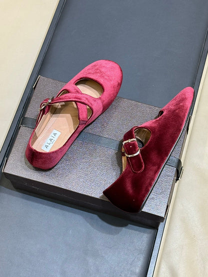 ALAIA 26S MARY JANE BALLET FLATS IN DARK RED VELVET