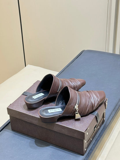 ALAIA 26S PLEATED MULES IN DARK BROWN LAMBSKIN