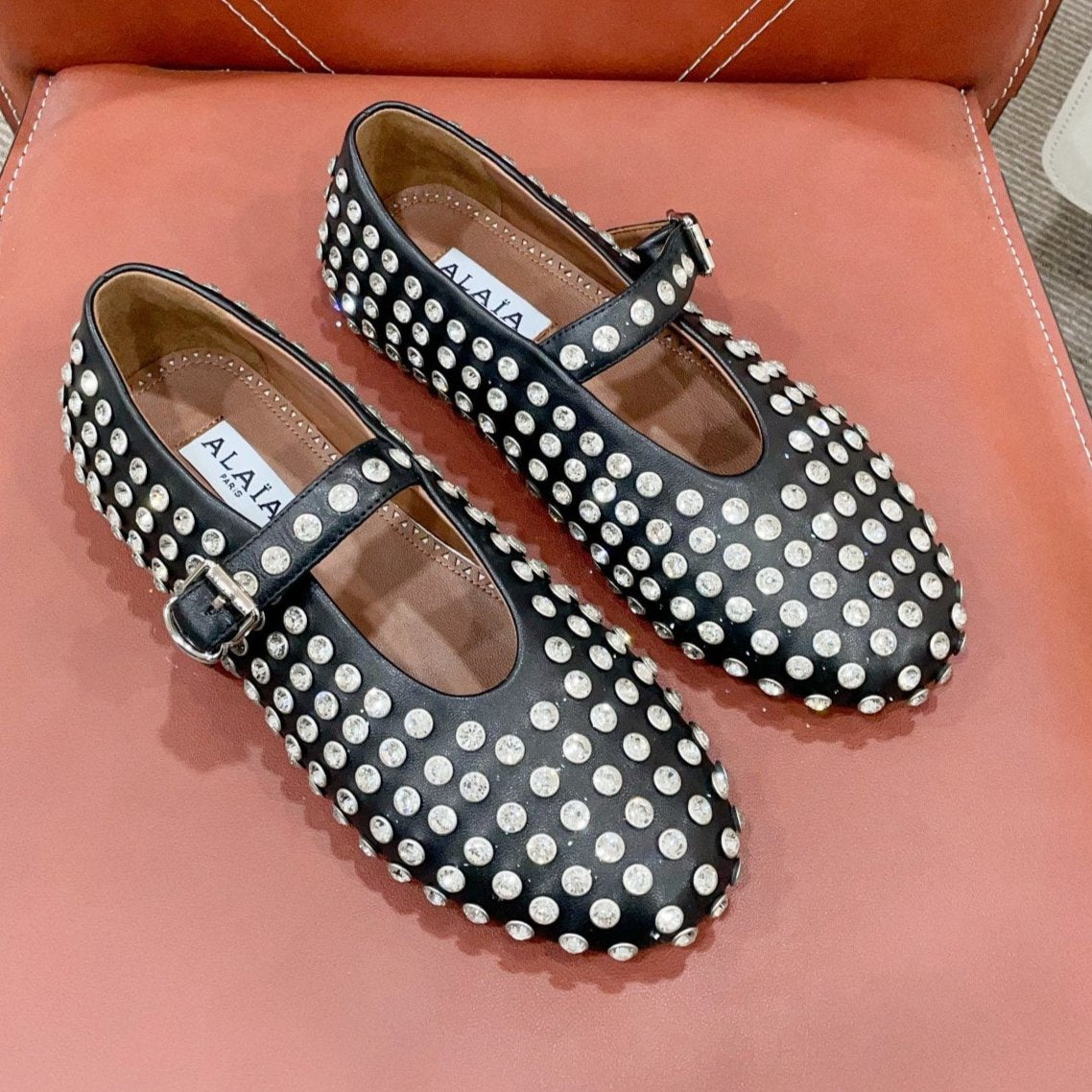 ALAIA MARY JANE SHOES IN BLACK LAMBKIN ATTACH RHINSTONES